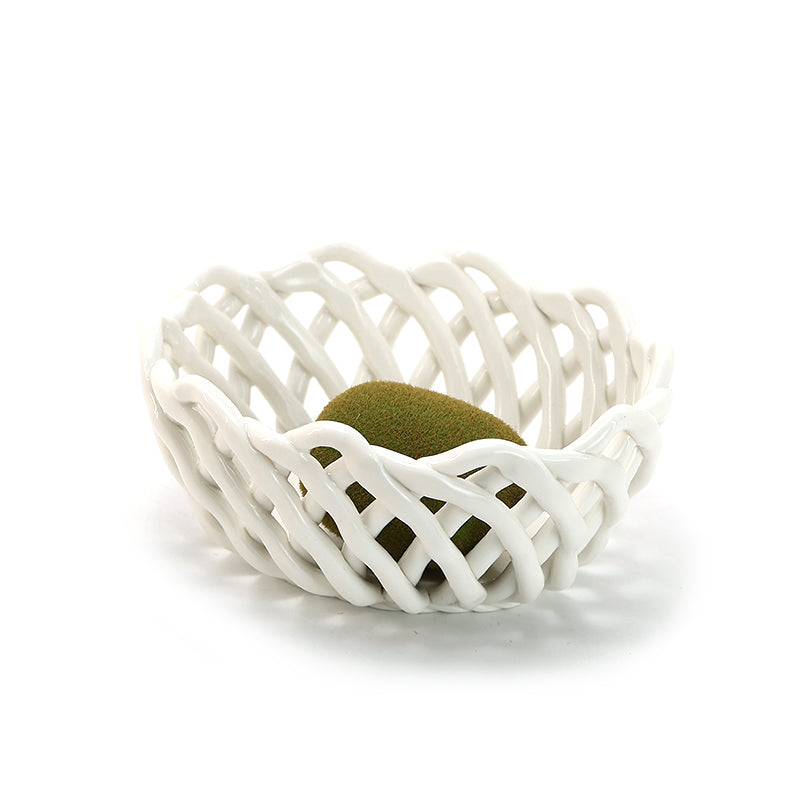 Hand-Woven White Fruit Ceramic Basket Lattice Hollow Grape or Banana or Apple Ceramic Basket