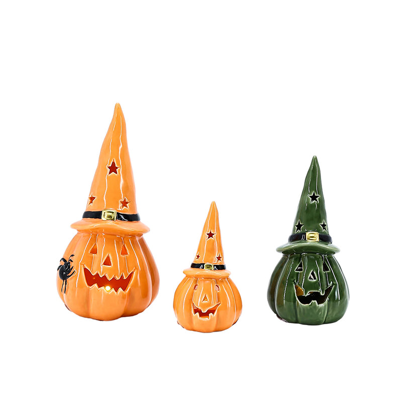 Halloween Ornaments Ceramic White Figurine Holiday Decoration Porcelain Desktop Statue LED Lights