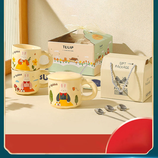 Creative Rabbit Mug with Lid with Spoon Ceramic Mug Gift Set Cute Cup Accompaniment Gift Set