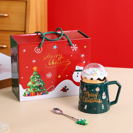 Large Capacity View Lid Ceramic Mug Christmas Gift Set with Lid and Spoon Mug Water Mug Gift Accompaniment Printing
