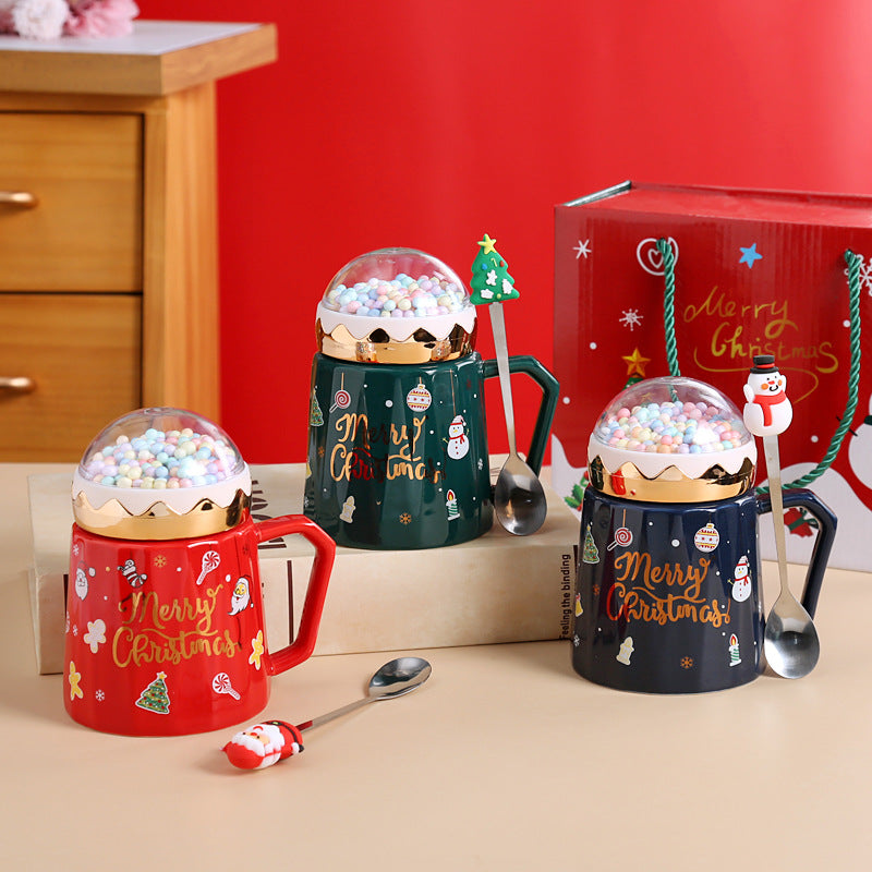 Large Capacity View Lid Ceramic Mug Christmas Gift Set with Lid and Spoon Mug Water Mug Gift Accompaniment Printing