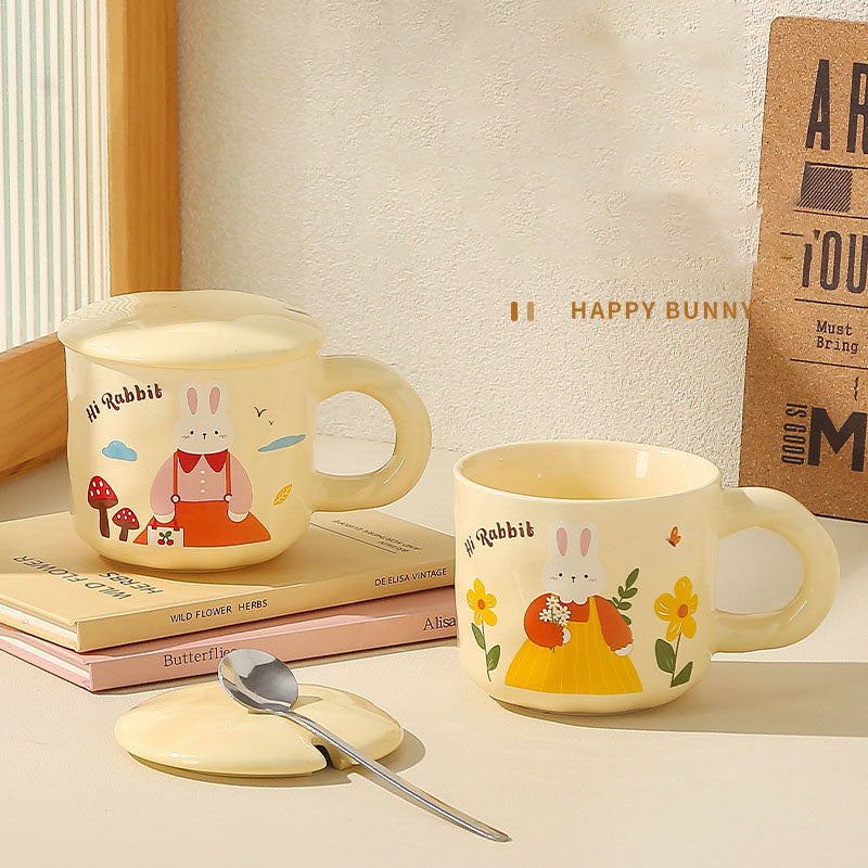 Creative Rabbit Mug with Lid with Spoon Ceramic Mug Gift Set Cute Cup Accompaniment Gift Set