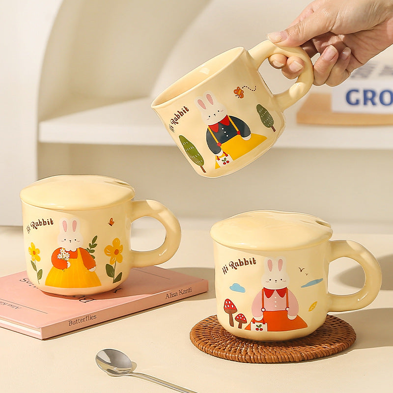 Creative Rabbit Mug with Lid with Spoon Ceramic Mug Gift Set Cute Cup Accompaniment Gift Set
