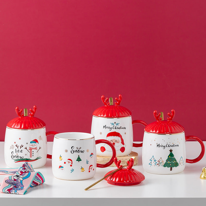 New Christmas Cartoon Ceramic Mug with Lid and Spoon Mug Gift Set Companion Gift Students High-value Mugs