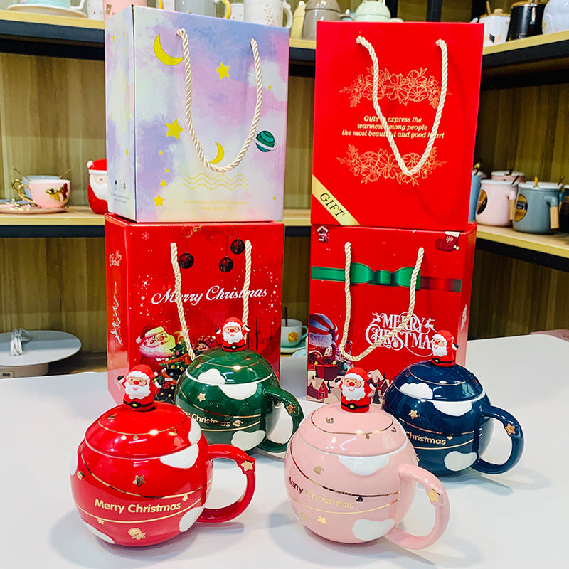 New Christmas Cartoon Ceramic Mug with Lid and Spoon Mug Gift Set Companion Gift Students High-value Mugs