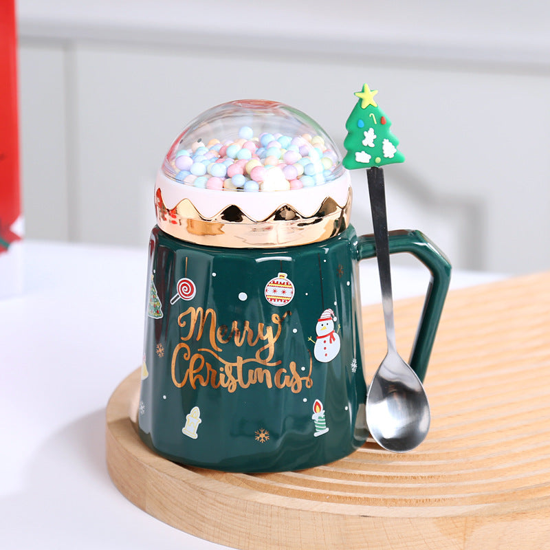 Large Capacity View Lid Ceramic Mug Christmas Gift Set with Lid and Spoon Mug Water Mug Gift Accompaniment Printing
