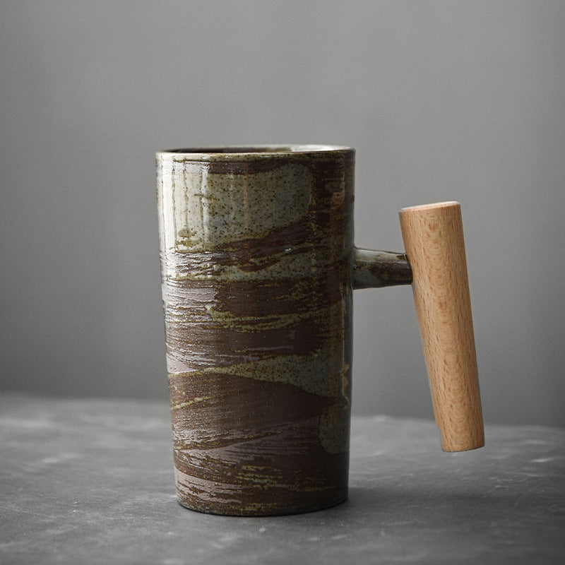 Retro Ceramic Mug Household Simple Creative Wooden Handle Japanese Rough Ceramic Couple Coffee Cup Tea Cup Drinking Mug