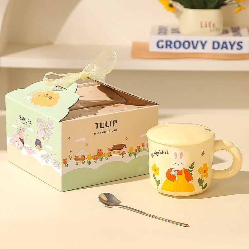 Creative Rabbit Mug with Lid with Spoon Ceramic Mug Gift Set Cute Cup Accompaniment Gift Set