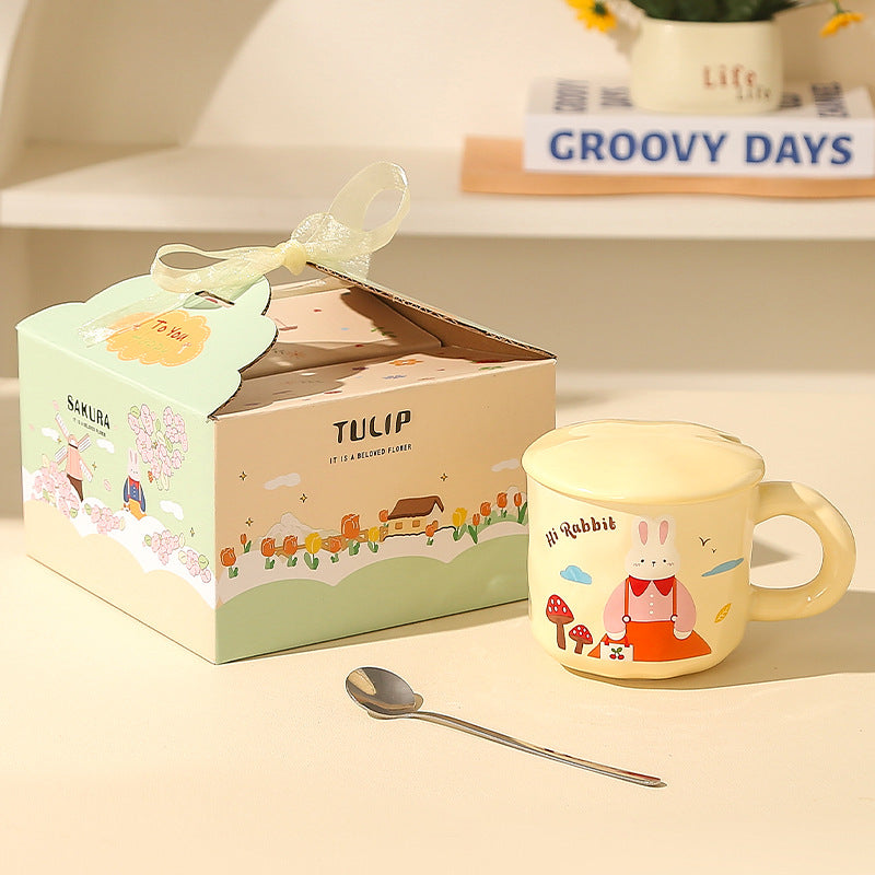 Creative Rabbit Mug with Lid with Spoon Ceramic Mug Gift Set Cute Cup Accompaniment Gift Set