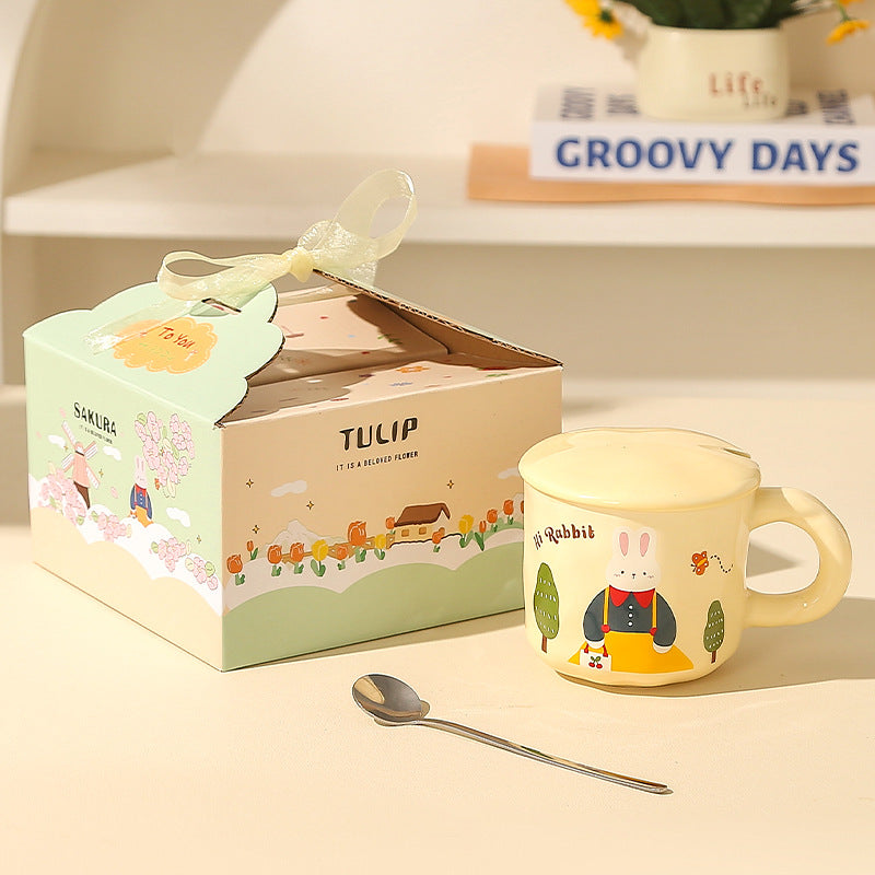 Creative Rabbit Mug with Lid with Spoon Ceramic Mug Gift Set Cute Cup Accompaniment Gift Set