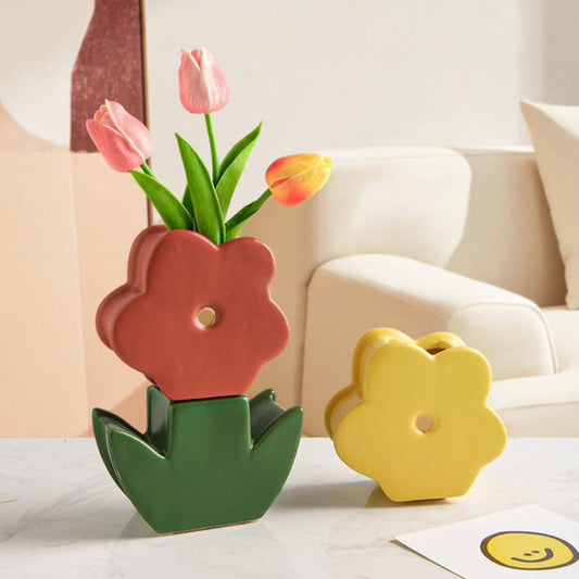 Ins Style Cute Flower Ceramic Vase Arrangement Living Room Flower Arrangement Creative Dining Table Floral Decoration Bouquet Flower Vessel