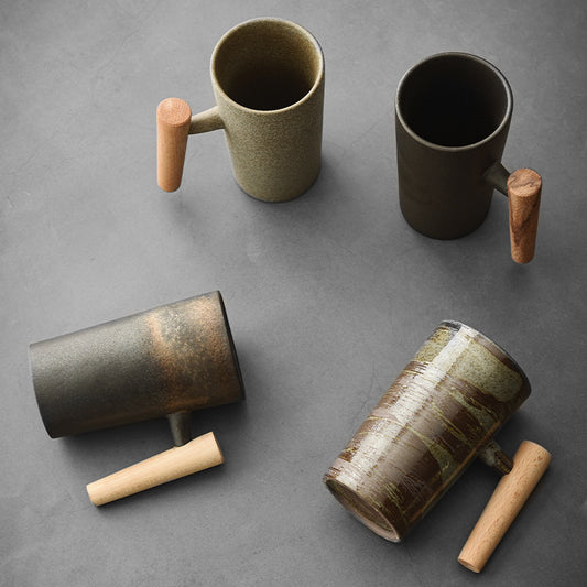 Retro Ceramic Mug Household Simple Creative Wooden Handle Japanese Rough Ceramic Couple Coffee Cup Tea Cup Drinking Mug