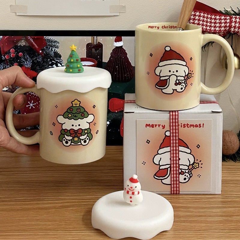 Korean Cream Christmas Mug Cute Puppy High Temperature Mug Couple Model Milk Coffee Mug Gift Set