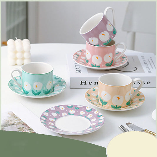 Ceramic Coffee Cup and Saucer Set INS Style Tulip Afternoon Tea Cup Creative Accompaniment Niche Premium Feeling Cups