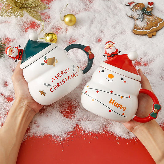 Creative Christmas Ceramic Mug with Lid and SpoonNew cross-border cartoon Father Christmas Mug Gift Mug Gift Set