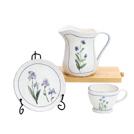 Ceramic Plate Bowl Tableware Fruit Salad Tableware Set Ins Retro Orchid Flower Purple Line Ceramic Tableware Set Creative Breakfast Dessert Salad Plate Water Mug