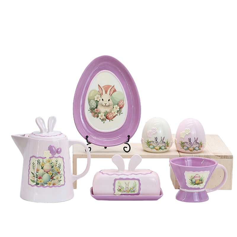 Fashion Style Cute Egg-shaped Embossed Rabbit Art Ceramic Plate Ceramic Plate Colourful Cartoon Latest Purple Rabbit Ceramic Tableware Set