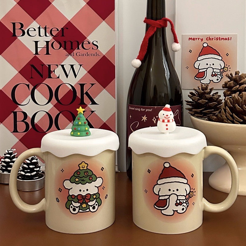 Korean Cream Christmas Mug Cute Puppy High Temperature Mug Couple Model Milk Coffee Mug Gift Set