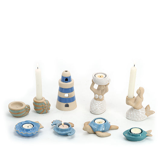 Ceramic Candle Holders Whale Nautical Candle Holders Decor: Set of 2 Hand-Painted Ocean Beach Themed Tealight Candle Holder Distressed, Rustic Coastal Home Decorations for Bathroom, Bedroom, Kitchen, Grey Blue