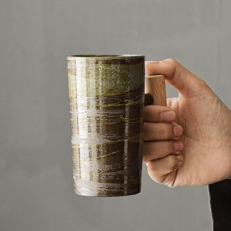 Retro Ceramic Mug Household Simple Creative Wooden Handle Japanese Rough Ceramic Couple Coffee Cup Tea Cup Drinking Mug