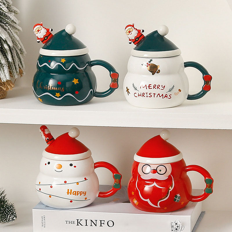 Creative Christmas Ceramic Mug with Lid and SpoonNew cross-border cartoon Father Christmas Mug Gift Mug Gift Set