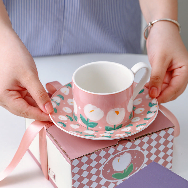 Ceramic Coffee Cup and Saucer Set INS Style Tulip Afternoon Tea Cup Creative Accompaniment Niche Premium Feeling Cups