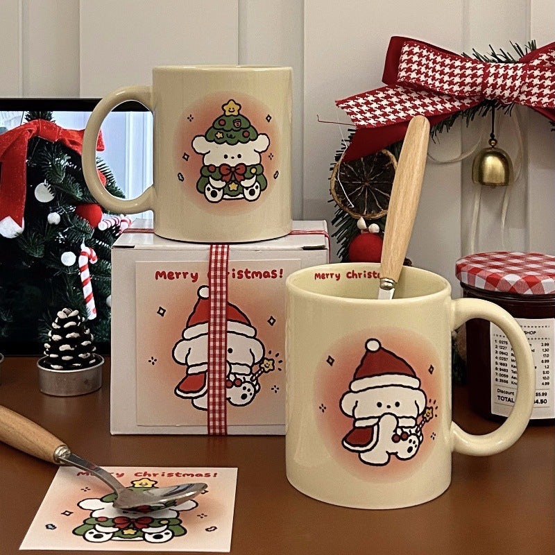 Korean Cream Christmas Mug Cute Puppy High Temperature Mug Couple Model Milk Coffee Mug Gift Set
