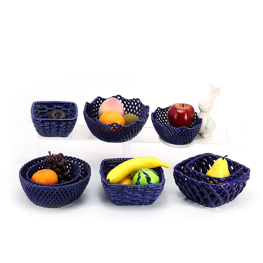 Handmade Weave Dark Blue Color Fruit Ceramic Basket Lattice Hollow Grape Or Banana Or Apple Porcelain Basket