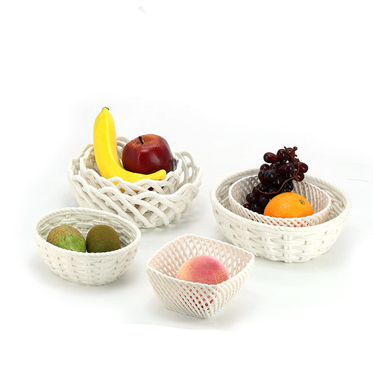 Hand-Woven White Fruit Ceramic Basket Lattice Hollow Grape or Banana or Apple Ceramic Basket