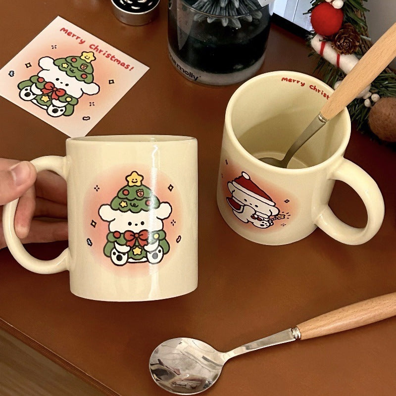 Korean Cream Christmas Mug Cute Puppy High Temperature Mug Couple Model Milk Coffee Mug Gift Set