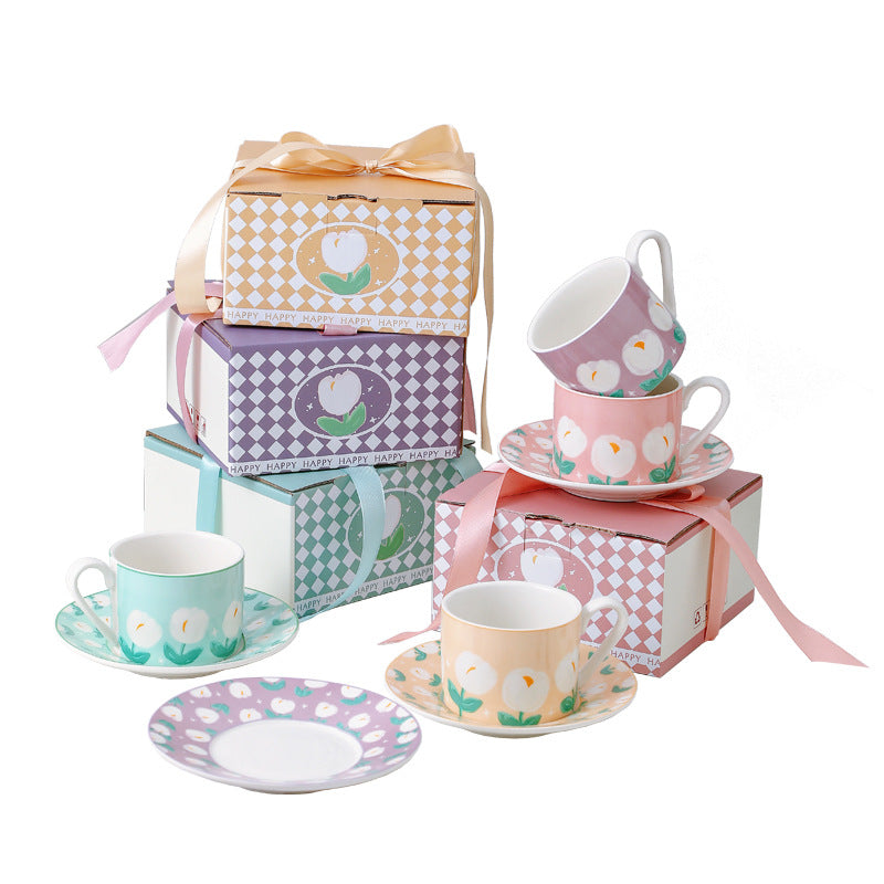 Ceramic Coffee Cup and Saucer Set INS Style Tulip Afternoon Tea Cup Creative Accompaniment Niche Premium Feeling Cups