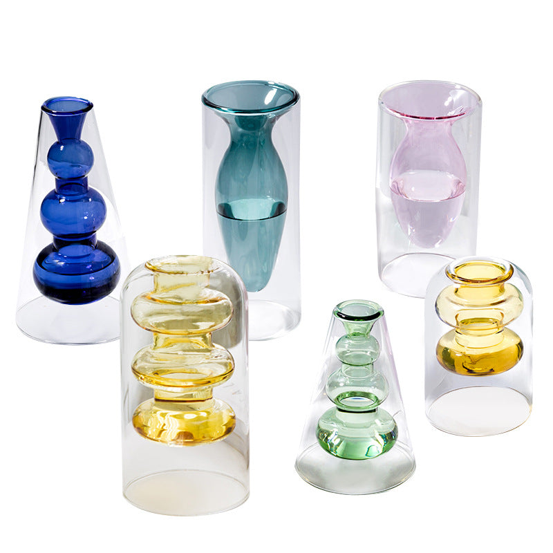 Stained Glass Vase Double Layer Scandinavian ins Fireless Rattan Aromatherapy Vase High Borosilicate Arrangement Living Room Inserts Flower Hydroponics