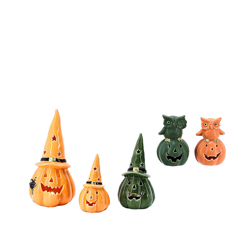 Halloween Ornaments Ceramic White Figurine Holiday Decoration Porcelain Desktop Statue LED Lights