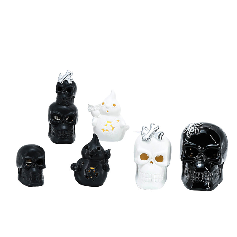 Halloween Ornaments Ceramic White Figurine Holiday Decoration Porcelain Desktop Statue LED Lights