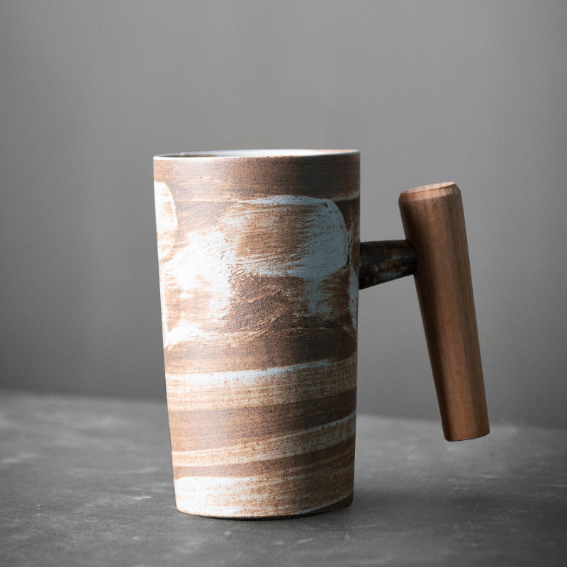 Retro Ceramic Mug Household Simple Creative Wooden Handle Japanese Rough Ceramic Couple Coffee Cup Tea Cup Drinking Mug