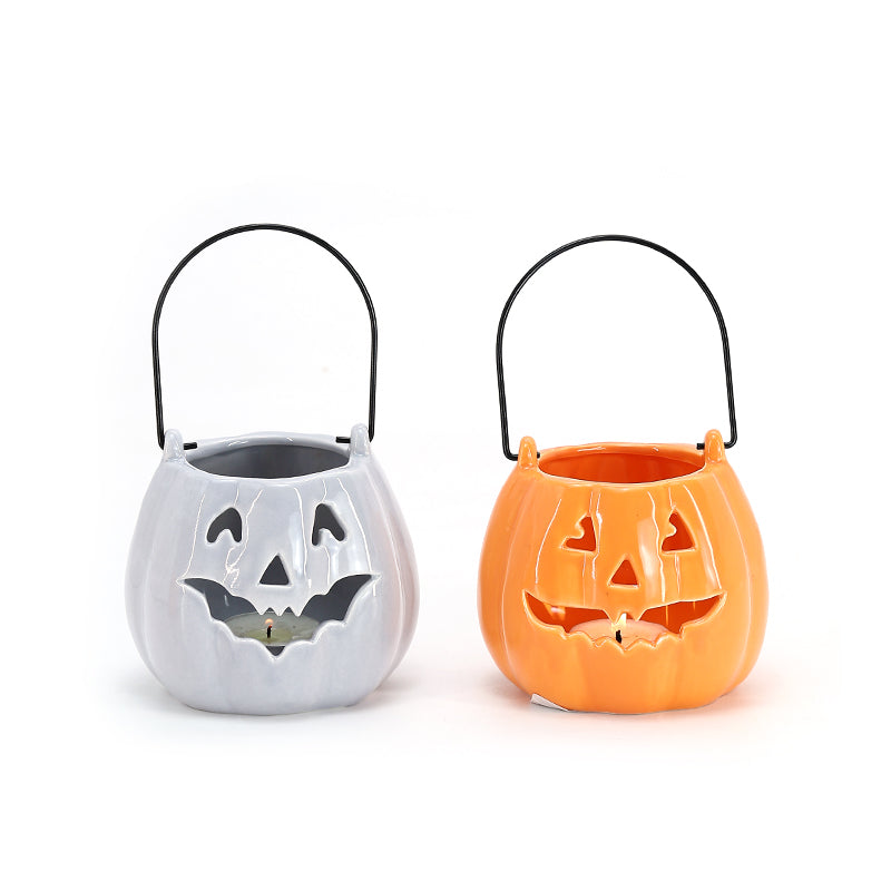 Halloween Ornaments Ceramic White Figurine Holiday Decoration Porcelain Desktop Statue LED Lights