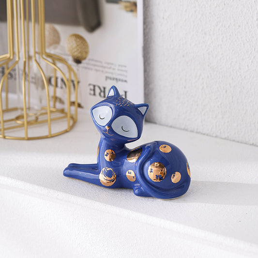 Home Decor Figurines  Ceramic  Small Cat Figurine Hand painted Ceramic cat figurine for Home Blue