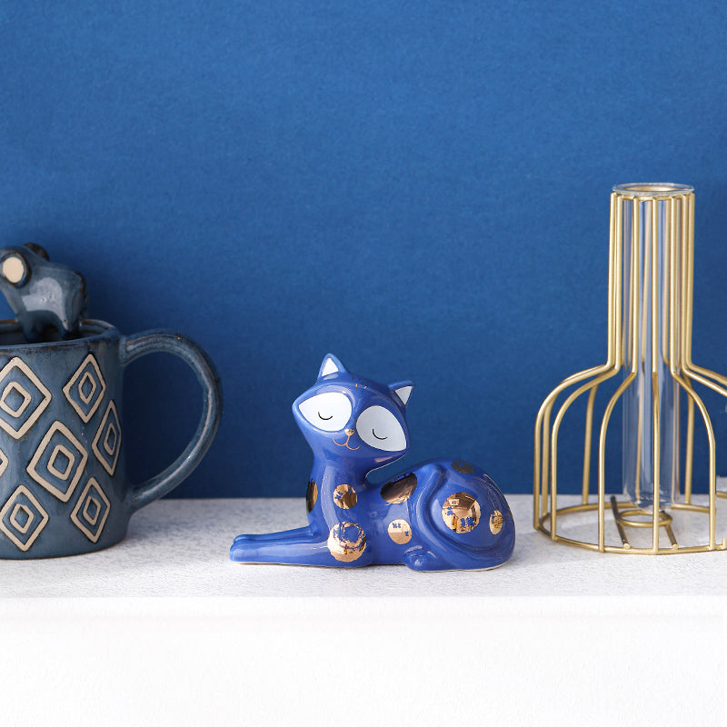 Home Decor Figurines  Ceramic  Small Cat Figurine Hand painted Ceramic cat figurine for Home Blue