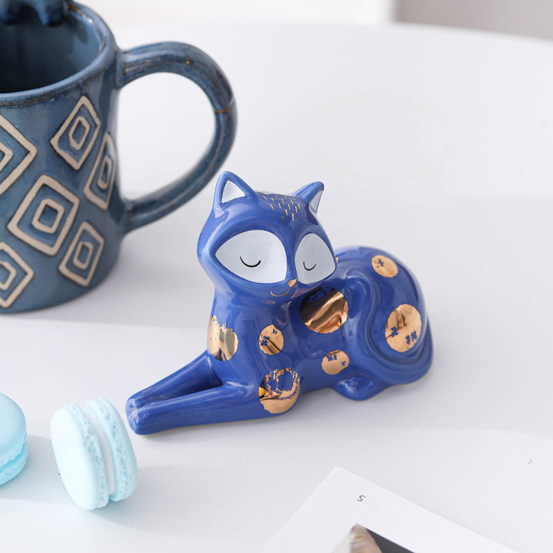 Home Decor Figurines  Ceramic  Small Cat Figurine Hand painted Ceramic cat figurine for Home Blue