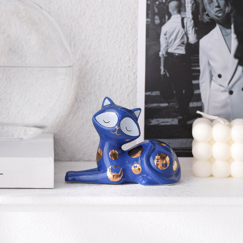 Home Decor Figurines  Ceramic  Small Cat Figurine Hand painted Ceramic cat figurine for Home Blue