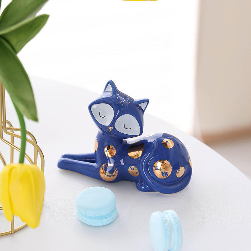 Home Decor Figurines  Ceramic  Small Cat Figurine Hand painted Ceramic cat figurine for Home Blue