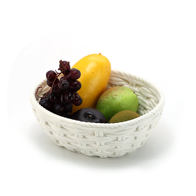Hand-Woven White Fruit Ceramic Basket Lattice Hollow Grape or Banana or Apple Ceramic Basket