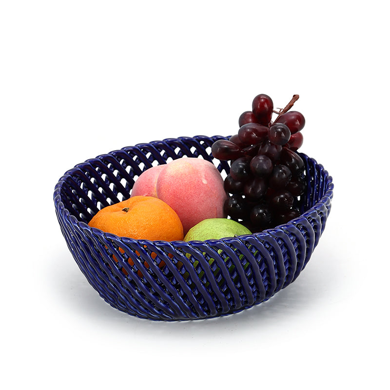 Handmade Weave Dark Blue Color Fruit Ceramic Basket Lattice Hollow Grape Or Banana Or Apple Porcelain Basket