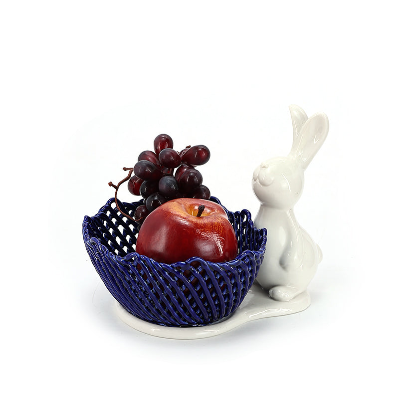 Handmade Weave Dark Blue Color Fruit Ceramic Basket Lattice Hollow Grape Or Banana Or Apple Porcelain Basket