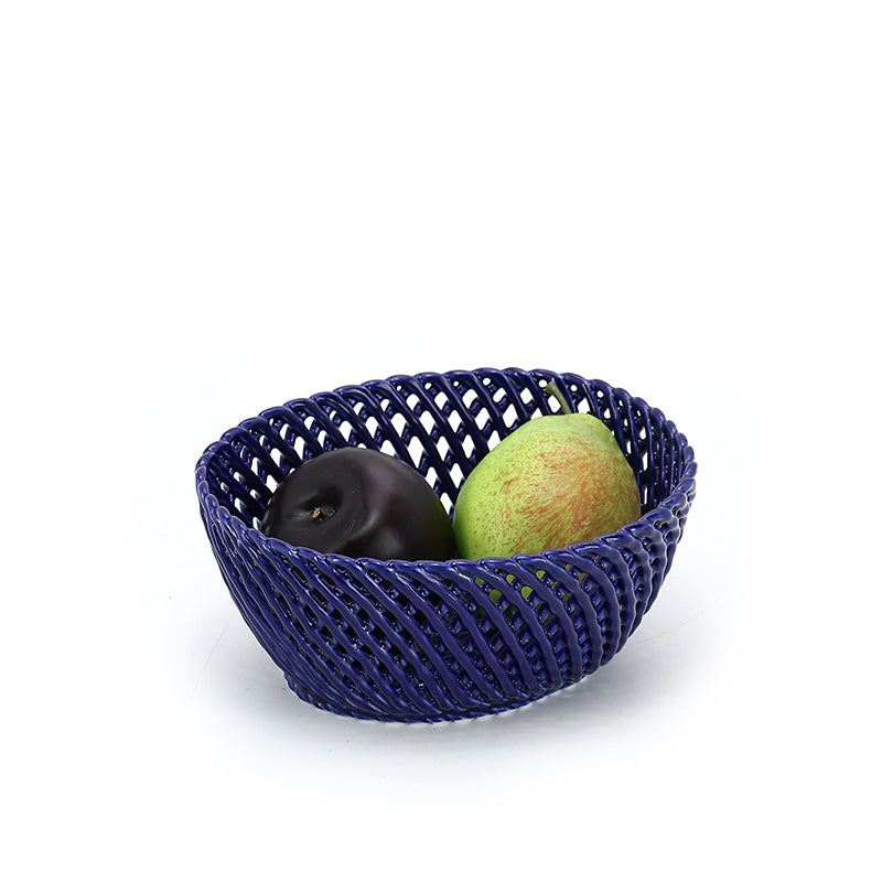 Handmade Weave Dark Blue Color Fruit Ceramic Basket Lattice Hollow Grape Or Banana Or Apple Porcelain Basket