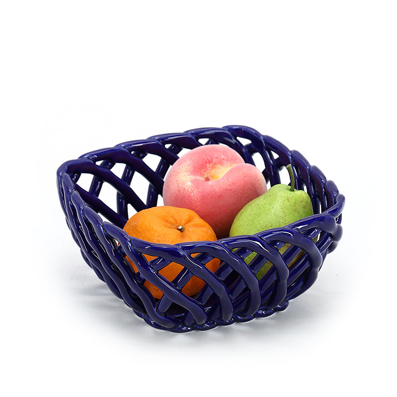 Handmade Weave Dark Blue Color Fruit Ceramic Basket Lattice Hollow Grape Or Banana Or Apple Porcelain Basket
