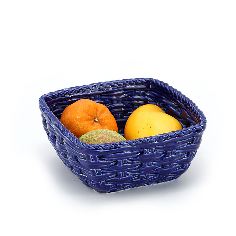 Handmade Weave Dark Blue Color Fruit Ceramic Basket Lattice Hollow Grape Or Banana Or Apple Porcelain Basket