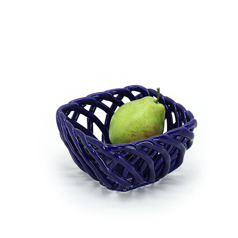 Handmade Weave Dark Blue Color Fruit Ceramic Basket Lattice Hollow Grape Or Banana Or Apple Porcelain Basket