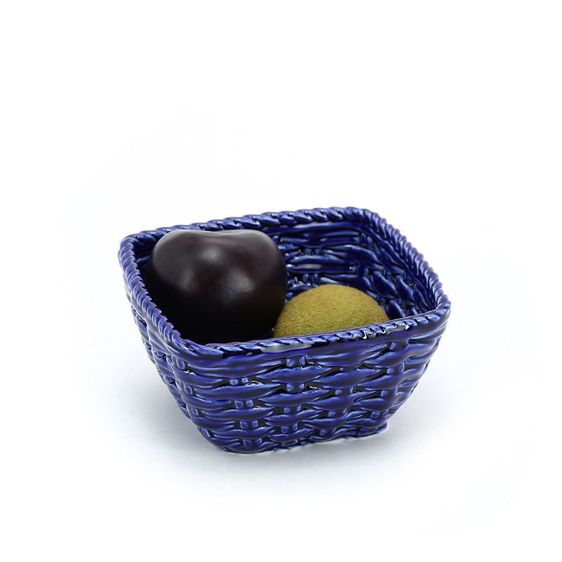 Handmade Weave Dark Blue Color Fruit Ceramic Basket Lattice Hollow Grape Or Banana Or Apple Porcelain Basket