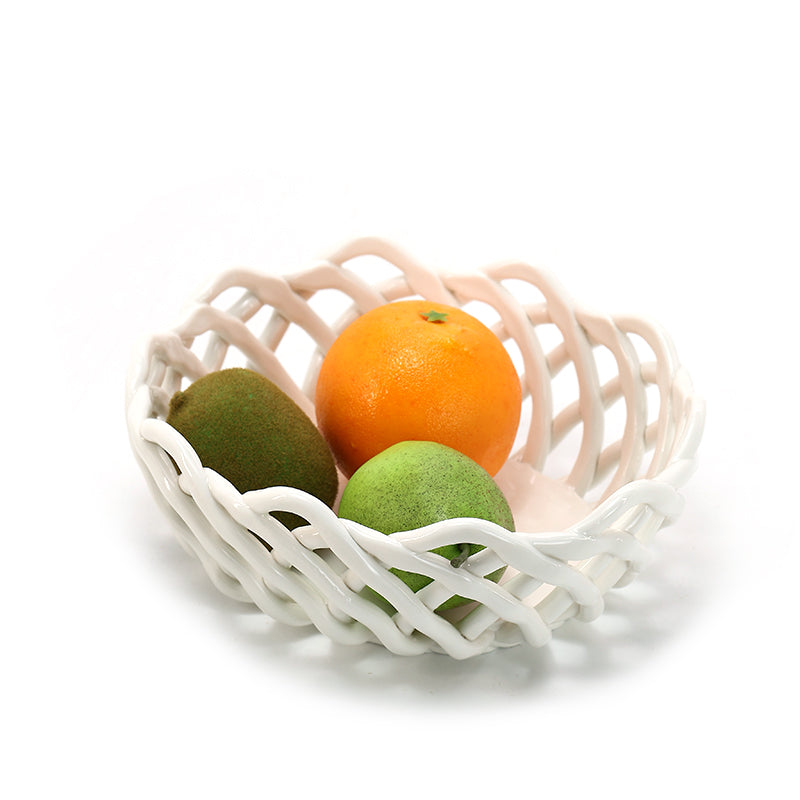 Hand-Woven White Fruit Ceramic Basket Lattice Hollow Grape or Banana or Apple Ceramic Basket